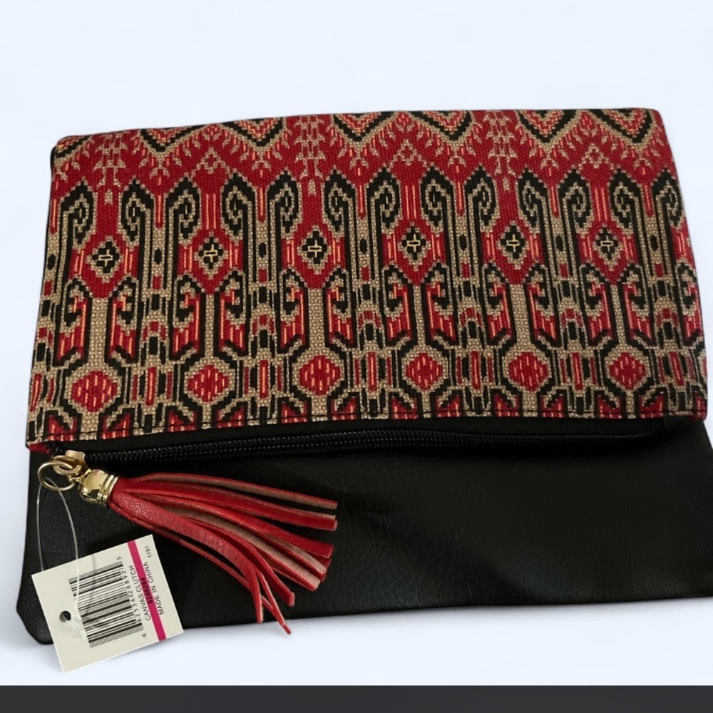 Handwoven Red Pattern Fold-Over Clutch with Black Faux Leather
